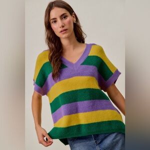 SO ME Mardi Gras Loose Fit V Neck Stripe Sweater Top 10010089696
